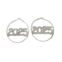 1 Pair 2025 Ring Earrings Fashion Full Rhinestone Digital Earrings Copper Material New Year Party Jewelry Accessories