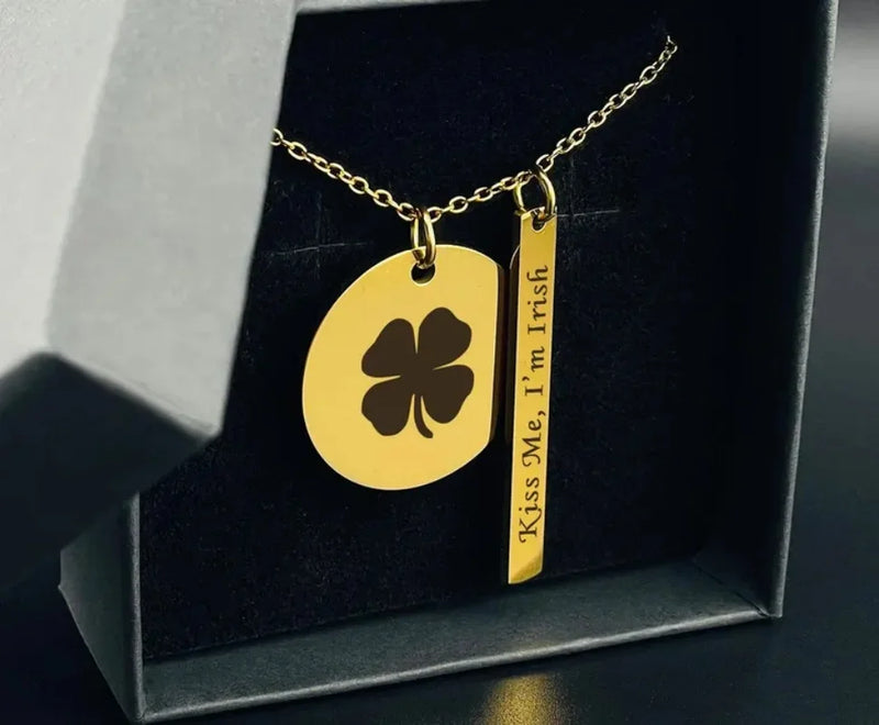 Custom Engraved Four-Leaf Clover Necklace for St. Patrick’s Day Irish Good Luck Gift Personalized Lucky Charm Jewelry