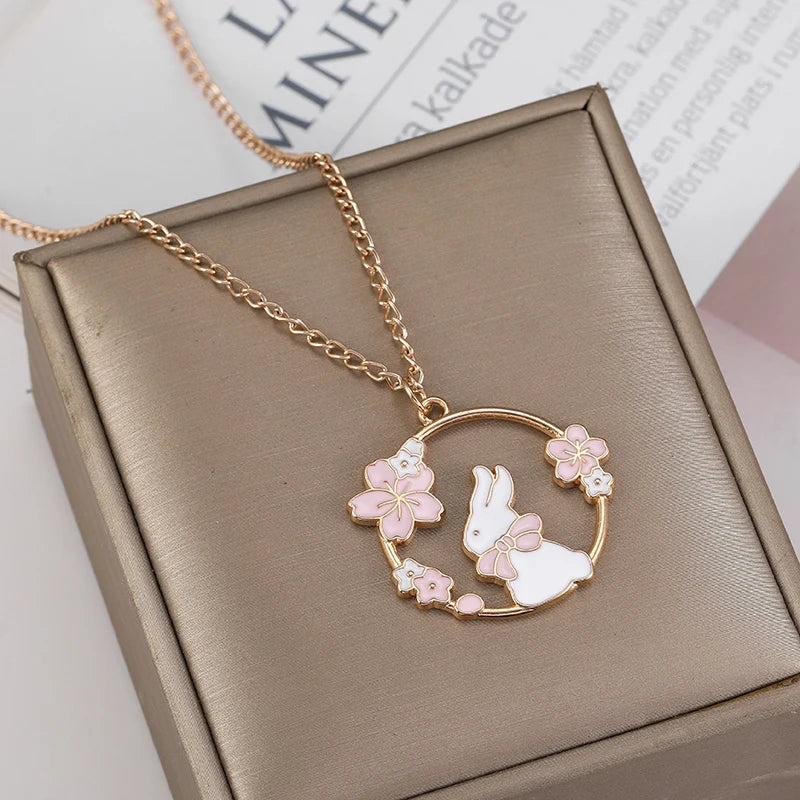 Fashion Creative Sakura Bunny Cat Necklace Cute Cartoon Garland Pendant Ladies Jewelry Accessories Necklaces Pink Wholesale