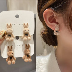 Cute Flocking Plush Little Bunny Animal Stud Earrings for Women Girls Fashion Birthday Party Jewelry Kawaii Accessories Gifts