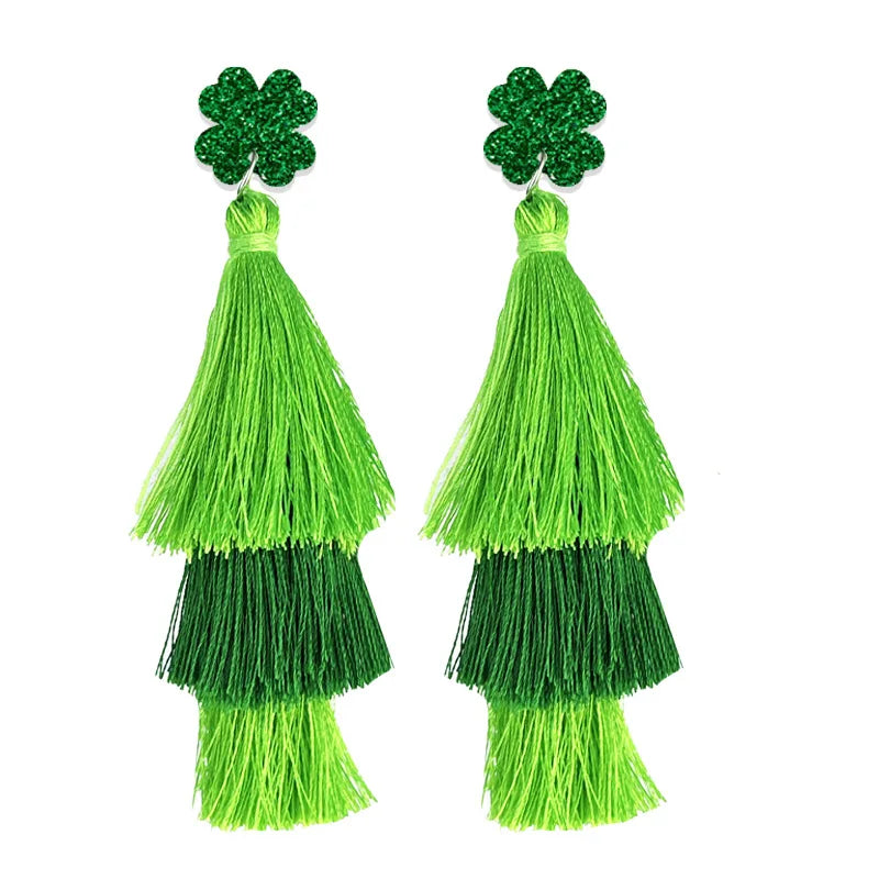 Three-Layer Tassel Long Dangle Earrings Set Jewelry Accessories  Green St. Patrick’s Day Cotton Tassels Earring Set - 4Pair/Set