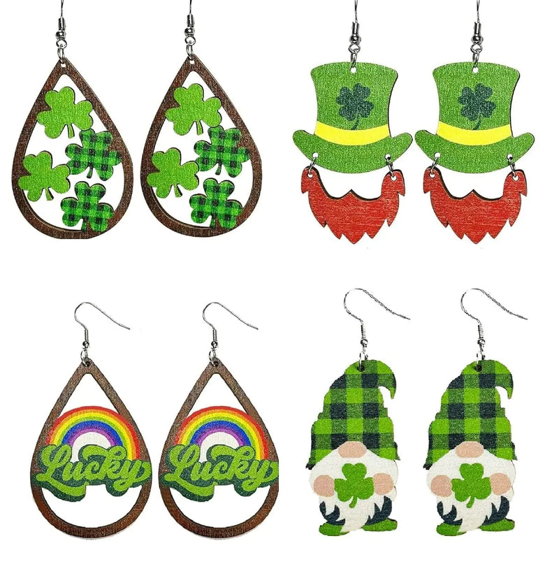 4 Pairs St. Patricks Day Earrings Set Glitter Green Lucky Clover Acrylic Dangle Earrings Handmade Irish Shamrock Rainbow Cat Dog Beer Wood Dangle Drop Earrings for Women Holiday Jewelry-Set 5