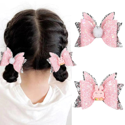 2Pcs Easter Bunny Hair Bow Clips Easter Rabbit Hair Pins Glitter Pink Alligator Hair Clips for Toddlers Girls Kids Easter Holiday Party Hair Accessories