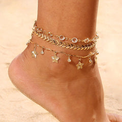 Women's Gold Color Crystal Star Anklets Set