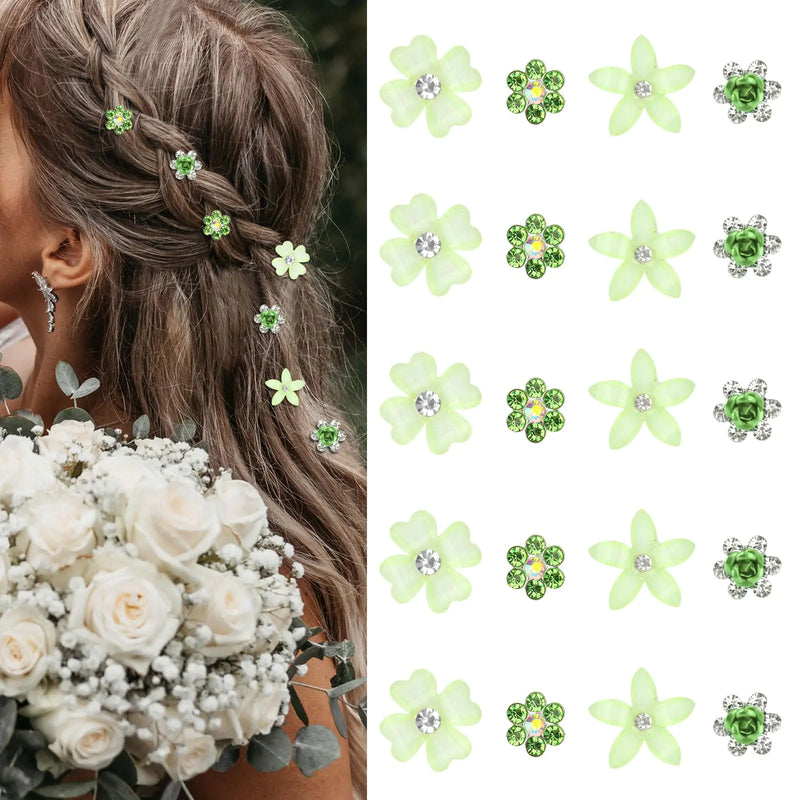 YISSION 20Pcs Mini Flower Hair Clips Cute Rhinestone Hair Pins Small Decorative Hair Clips Wedding Hair Barrettes Green Flower Hair Clips Bridal Hair Accessories for Girls Women (4 Flower Pattern)